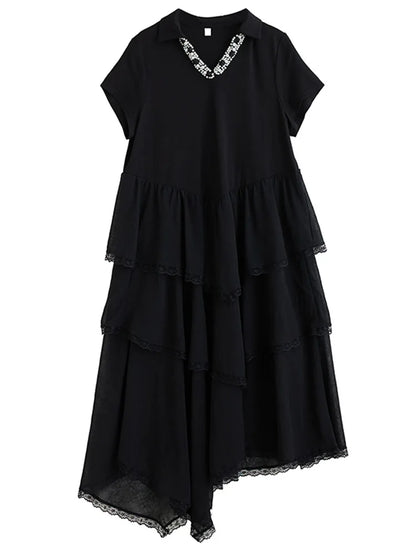 XITAO Asymmetrical Lace Patchwork Dress Embroidered Flares V-neck Short Sleeve Temperament Elegant Summer Woman Dress ZMY1317