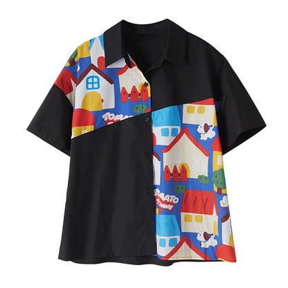 XITAO Patchwork Cartoon Half Sleeve Shirt Casual Turn-down Collar Simple Single Breasted Elegant Summer Female Blouse GYX1533