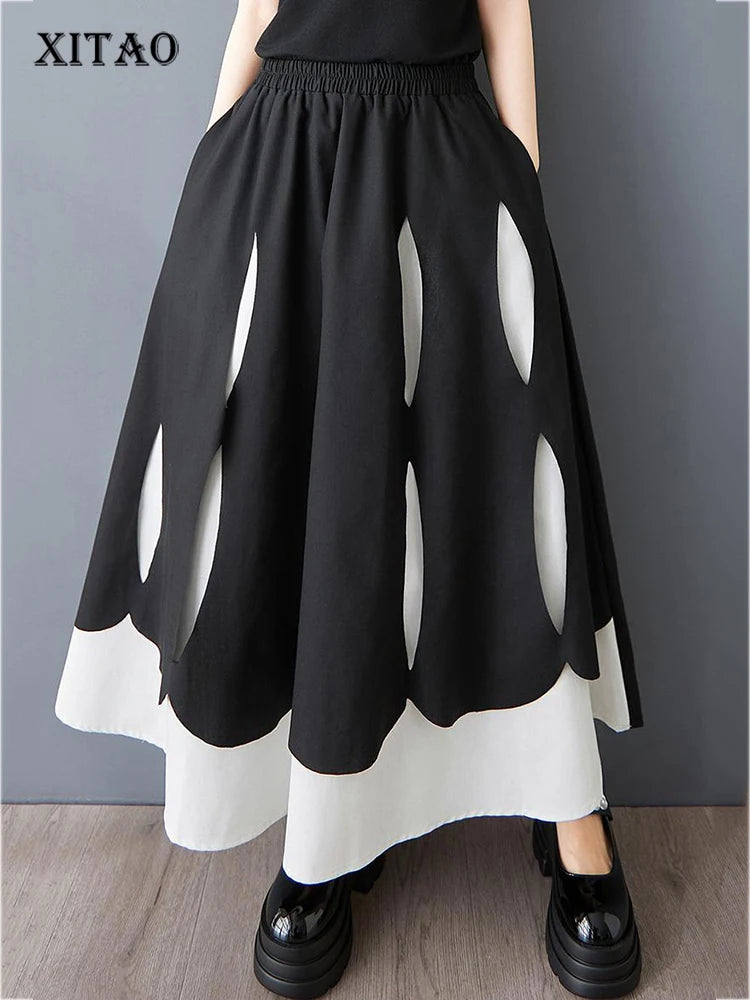 XITAO Patchwork Elastic Waist Female Skirt Casual A-line Loose Hollow Out Fitting Korea Mid-calf Spring Women Skirt GYX1550