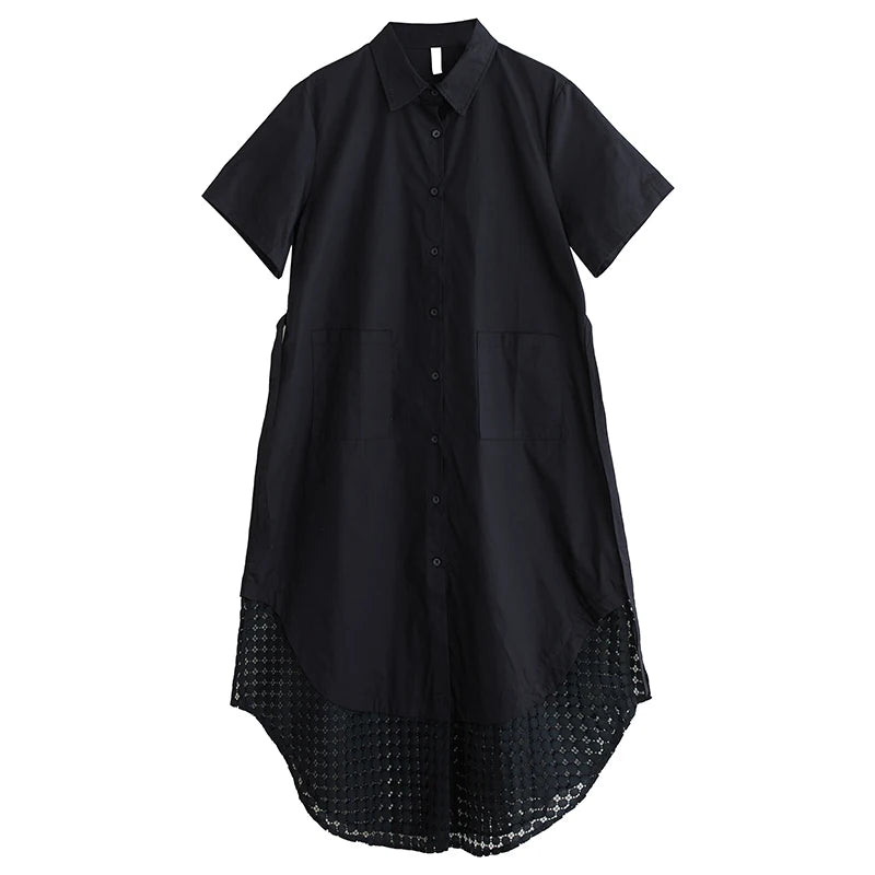 XITAO Loose Patchwork Mesh Dress Casual Slimming Single Breasted Women Summer Short Sleeve Turn-down Collar Dress ZMY1209