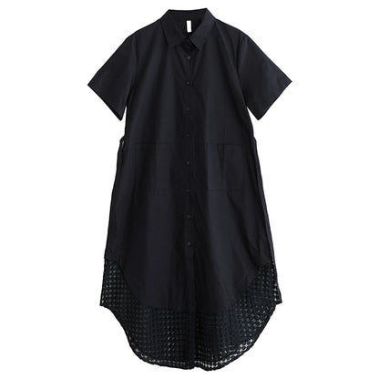 XITAO Loose Patchwork Mesh Dress Casual Slimming Single Breasted Women Summer Short Sleeve Turn-down Collar Dress ZMY1209