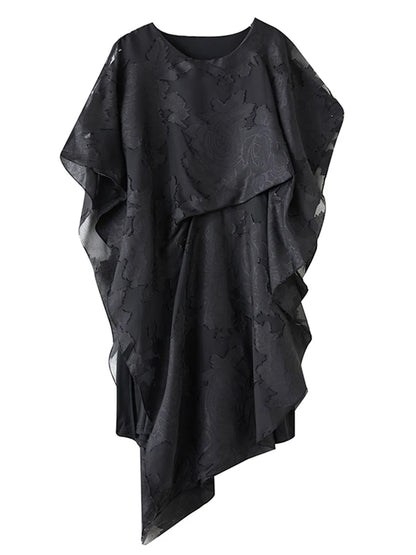 XITAO Asymmetrical Side Split Hollow Out Fold Women Dress Gauze Patchwork O-neck Pullover Loose Mid-calf Casual Dress ZMY1048
