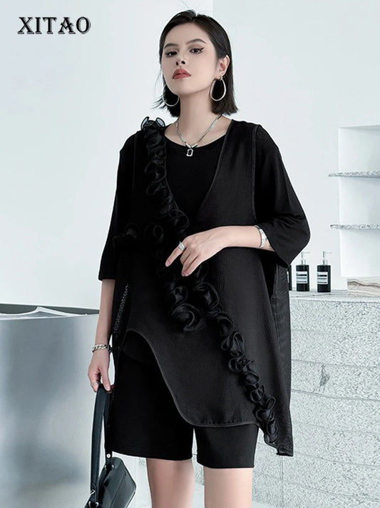 XITAO Asymmetric Flower Patchwork Vest Personality V-neck Irregular Solid Color All-match Women Simple Temperament Top HQQ2478
