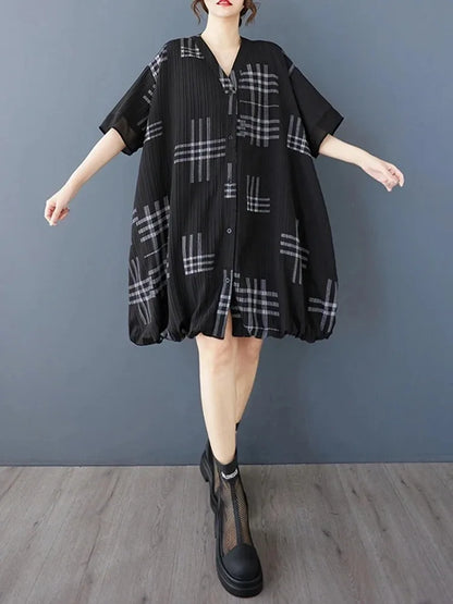 XITAO Striped Print Patchwork Contrast Color Loose Dress V-neck Short Sleeve Loose Vintage Knee-length Shirt Dress ZMY1172