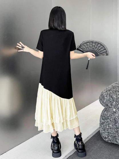 XITAO Gauze Patchwork Contrast Color Stand Collar Dress Single Breasted Pullover Loose Temperament Mid-calf Sweet Dress GYX1584
