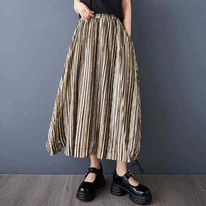 XITAO Stripe Elastic Waist A-line Skirt Casual Mid-calf Solid Color Personality Simple Vintage Summer Women Skirt GYX1646
