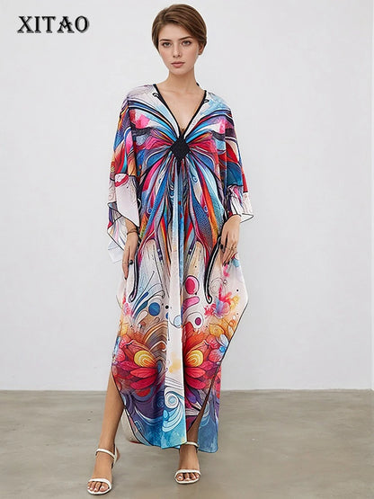XITAO V-neck Ankle-length Dress New Arrival Contrast Color Butterfly Print Side Slit Bat Wing Sleeve Summer Woman Dress GJ1169