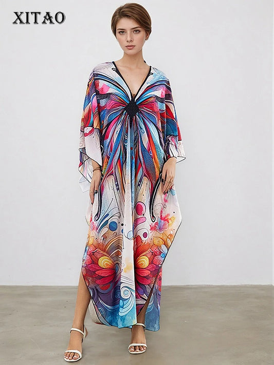 XITAO V-neck Ankle-length Dress New Arrival Contrast Color Butterfly Print Side Slit Bat Wing Sleeve Summer Woman Dress GJ1169