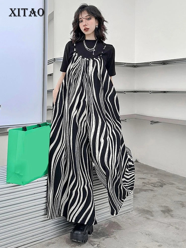 XITAO Loose Striped Pocket Jumpsuits Print Spaghetti Strap Personality Simple Casual Slimming Summer Woman Jumpsuits GYX1654