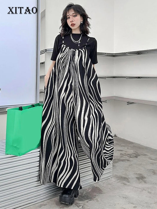 XITAO Loose Striped Pocket Jumpsuits Print Spaghetti Strap Personality Simple Casual Slimming Summer Woman Jumpsuits GYX1654
