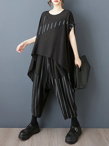 XITAO Irregular Striped Print Sets Patchwork O-neck Short Sleeve Loose Slimming Elastic Waist Two-piece Woman Sets ZMY1318