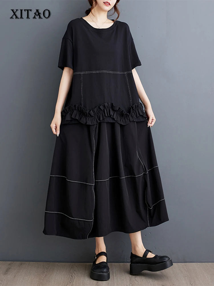 XITAO Patchwork Ruffles O-neck Matching Female Set Casual Solid Color A-line Pullover New Arrival Bud Summer Women Set GYX1575