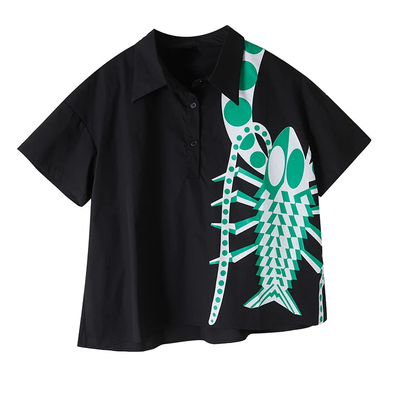 XITAO Print Irregular Half Sleeve Shirt Casual Turn-down Collar Loose Fit Vintage Single Breasted Summer Women Blouse GYX1534