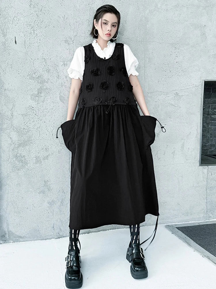 XITAO Loose Flower Patchwork Dress Casual Solid Color Pocket Drawstring Women O-neck Sleeveless Simple Temperament Dress HQQ2468