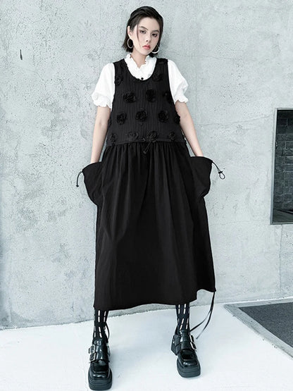 XITAO Loose Flower Patchwork Dress Casual Solid Color Pocket Drawstring Women O-neck Sleeveless Simple Temperament Dress HQQ2468