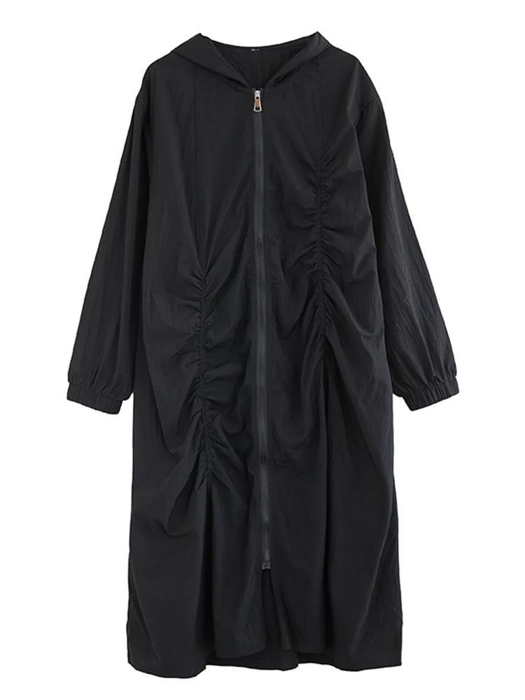 XITAO Zipper Hooded Pleated Dress Casual Full Sleeve Leisure Korea Literary Style Solid Color A-line Spring Women Dress ZY8936