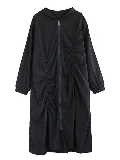XITAO Zipper Hooded Pleated Dress Casual Full Sleeve Leisure Korea Literary Style Solid Color A-line Spring Women Dress ZY8936
