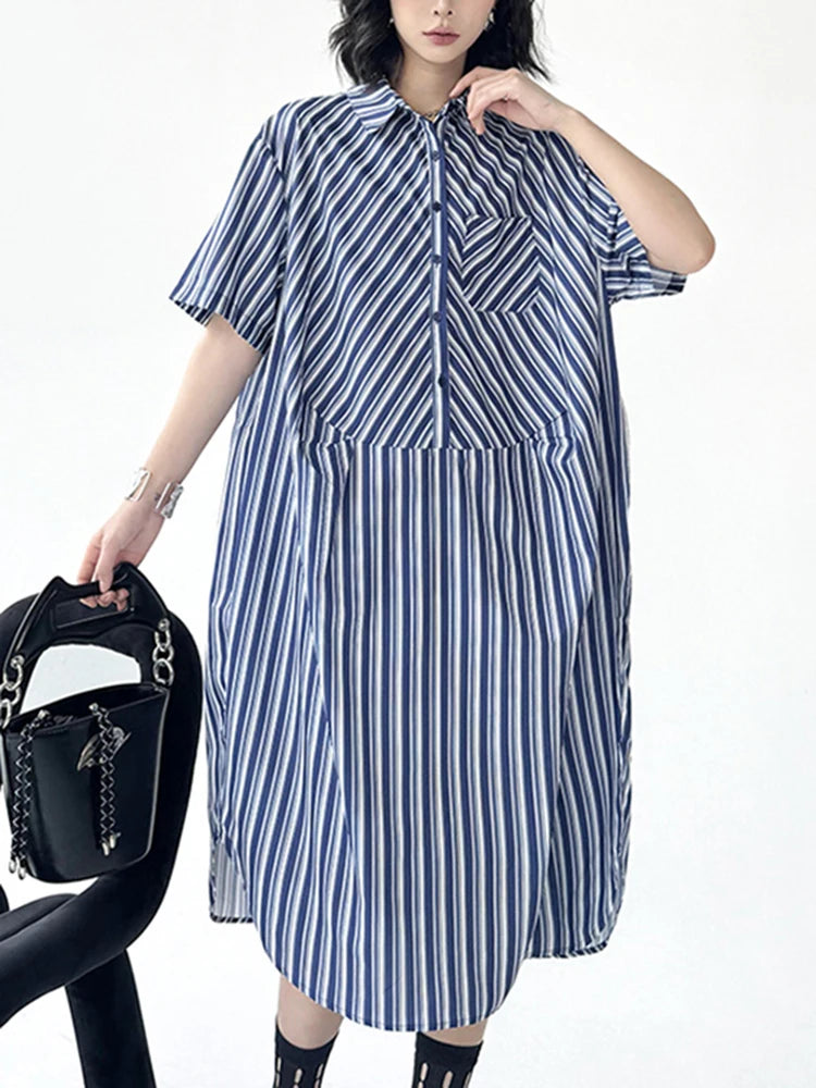 XITAO Asymmetric Striped Shirt Dress Elegant Temperament Single Breasted Women Loose Turn-down Collar Summer Dress ZMY1071