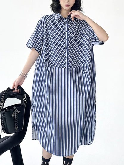 XITAO Asymmetric Striped Shirt Dress Elegant Temperament Single Breasted Women Loose Turn-down Collar Summer Dress ZMY1071