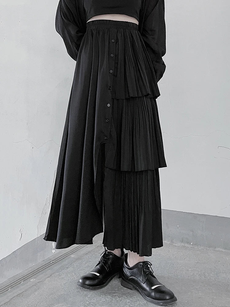 XITAO Folds Irregular Button Skirt Personality Ruffles Patchwork Women Simple Solid Color All-match Elastic Waist Skirt ZMY1077