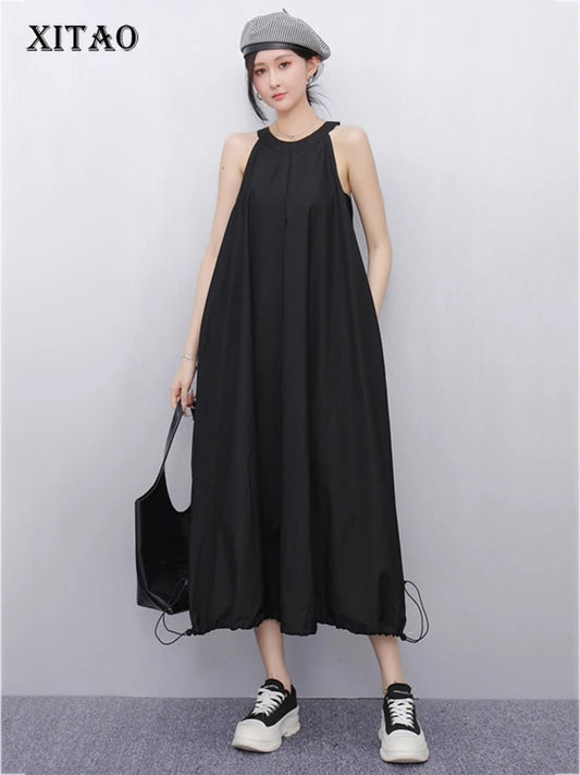 XITAO Pleated Drawstring O-neck Dress Casual A-line Sleeveless Loose Fitting Slimming Solid Color Fashion Summer Dress ZMY1184