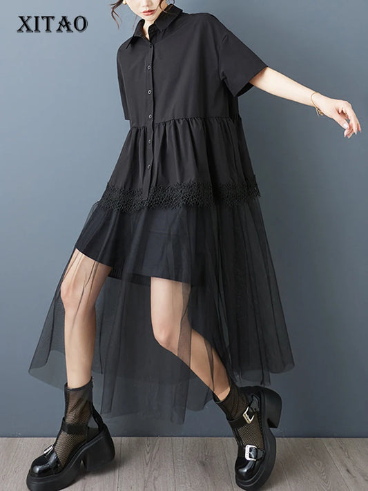 XITAO Gauze Patchwork Folds Female Dress Loose Turn-down Collar Solid Color Short Sleeve Temperament Woman Summer Dress ZMY1253