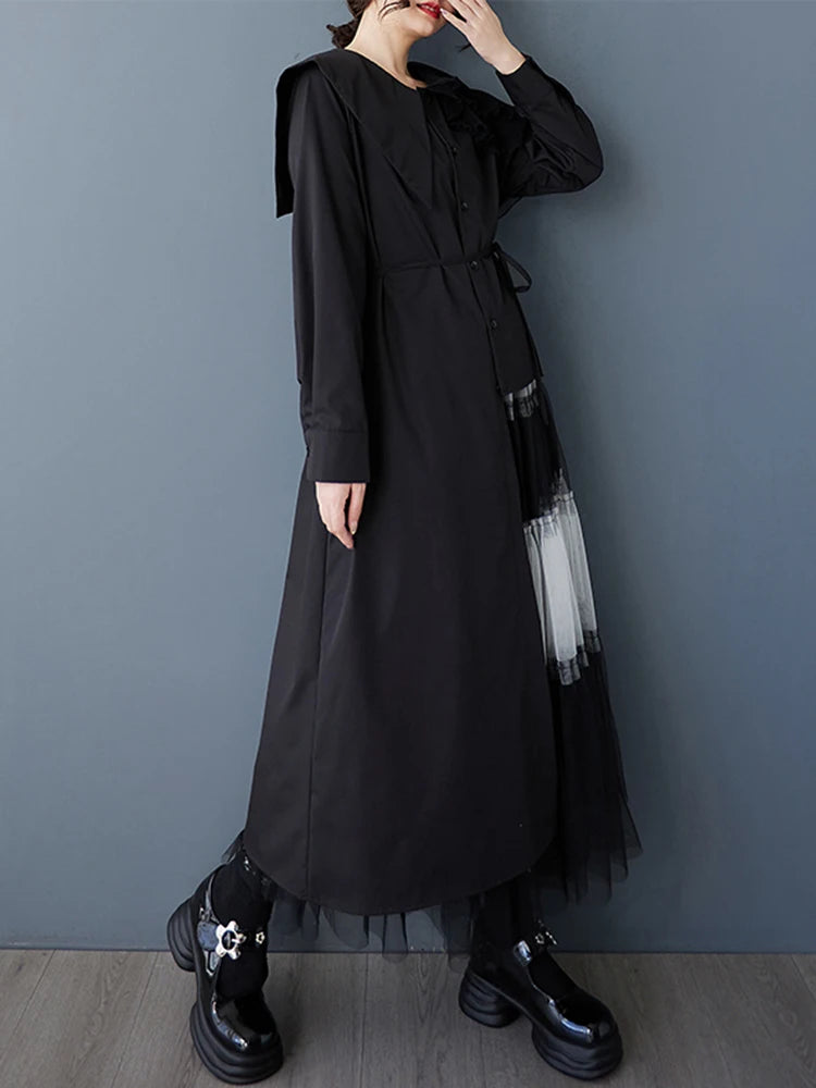 XITAO Asymmetrical Mesh Patchwork Dress Loose Fashion Irregular Women Personality Single Breasted Trend Casual Dress ZMY1152