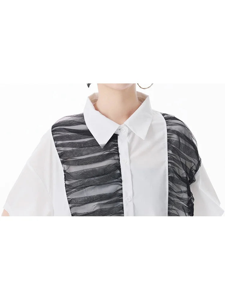 XITAO Pleated Single Breasted Turn-down Collar Dress Mesh Short Sleeve Asymmetrical Fashion A-line Summer Women Dress ZMY1201