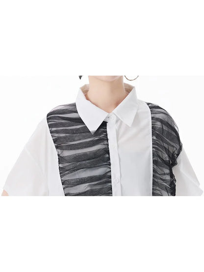 XITAO Pleated Single Breasted Turn-down Collar Dress Mesh Short Sleeve Asymmetrical Fashion A-line Summer Women Dress ZMY1201