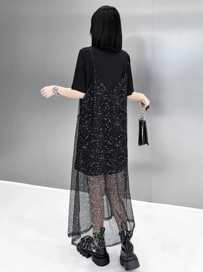 XITAO Sequin Mesh O-neck Dress Casual Loose Fitting A-line Hong Kong Elegant Fashion Personality Summer Women Dress ZMY1235