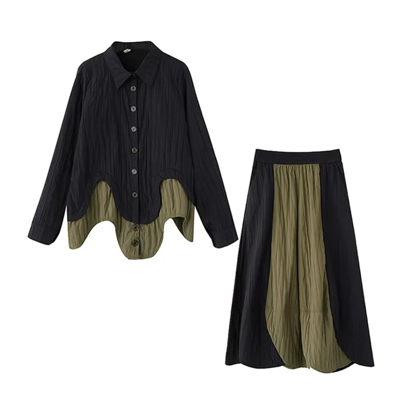 XITAO Patchwork Single Breasted Women Set Casual Turn-down Collar Full Sleeve Vintage Elegant A-line Spring Female Set GYX1537