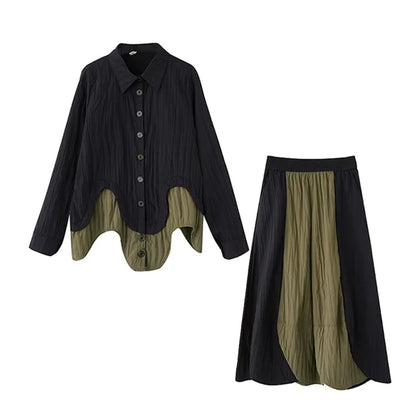 XITAO Patchwork Single Breasted Women Set Casual Turn-down Collar Full Sleeve Vintage Elegant A-line Spring Female Set GYX1537