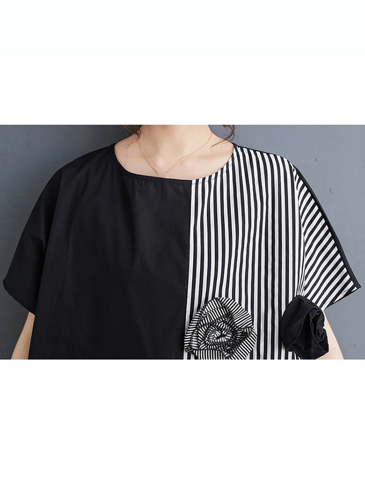 XITAO Asymmetrical T-shirt Contrast Color Striped Patchwork Three-dimensional Flower Decoration Women Summer New Top ZY8814
