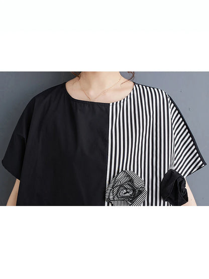 XITAO Asymmetrical T-shirt Contrast Color Striped Patchwork Three-dimensional Flower Decoration Women Summer New Top ZY8814