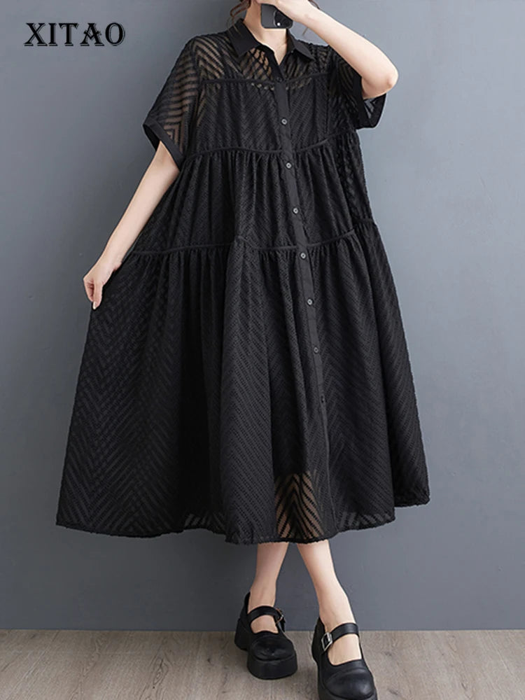 XITAO Hollow Out Single Breasted Two-piece Dress Casual A-line Turn-down Collar Korea New Arrival Fashion Women Dress ZMY1144