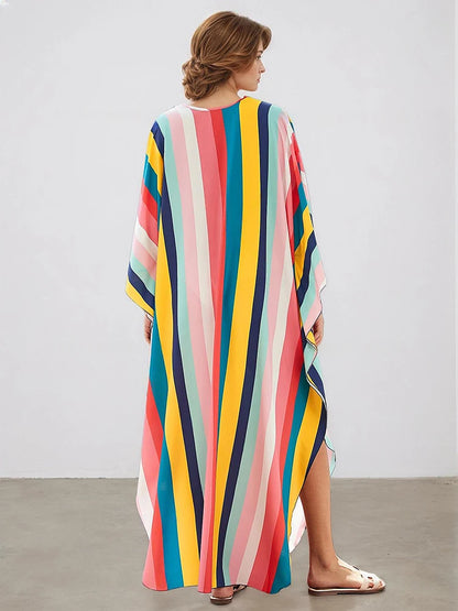 XITAO Contrast Color Striped A-line Dress Pullover Print V-neck Fashion Bat Wing Sleeve Summer Woman Ankle-length Dress GJ1177