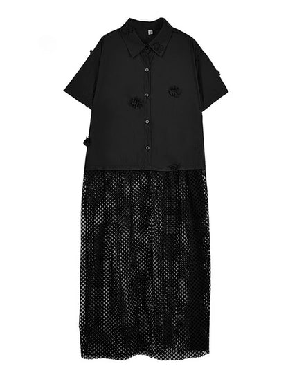 XITAO Flower Patchwork Irregular Shirt Dress Casual Solid Color Short Sleeve Women Summer Hollow Out Loose Dress HQQ2513