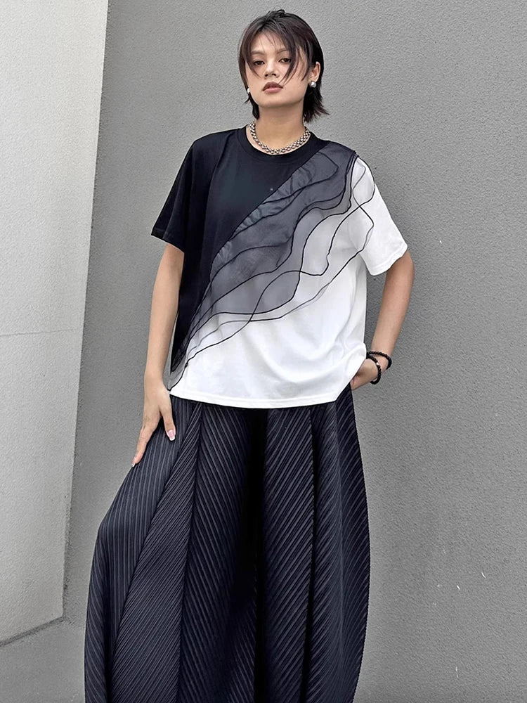 XITAO Patchwork Contrast Color Mesh T-Shirt Casual Loose Fitting O-neck Short Sleeve New Pullover Summer Women Top GYX1667