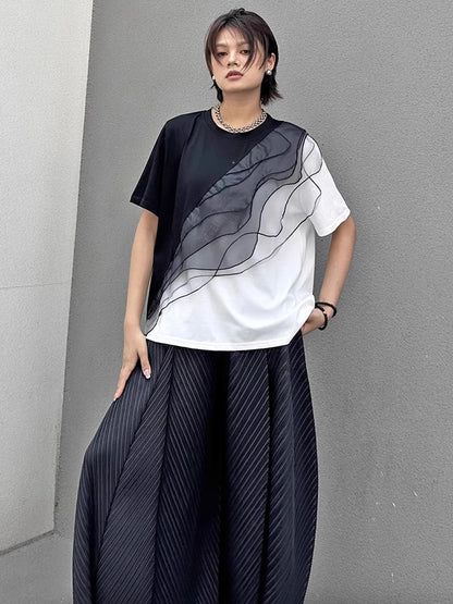 XITAO Patchwork Contrast Color Mesh T-Shirt Casual Loose Fitting O-neck Short Sleeve New Pullover Summer Women Top GYX1667