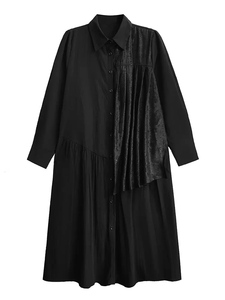 XITAO Patchwork Pleated Lapel Women Dress Casual Full Sleeve A-line Turn-down Collar Loose Slimming Spring Female Dress GYX1578