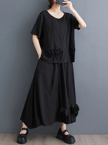 XITAO Floral O-neck Asymmetric Matching Set Casual Solid Color Elastic Waist A-line Short Sleeve Fashion Women Set GYX1573