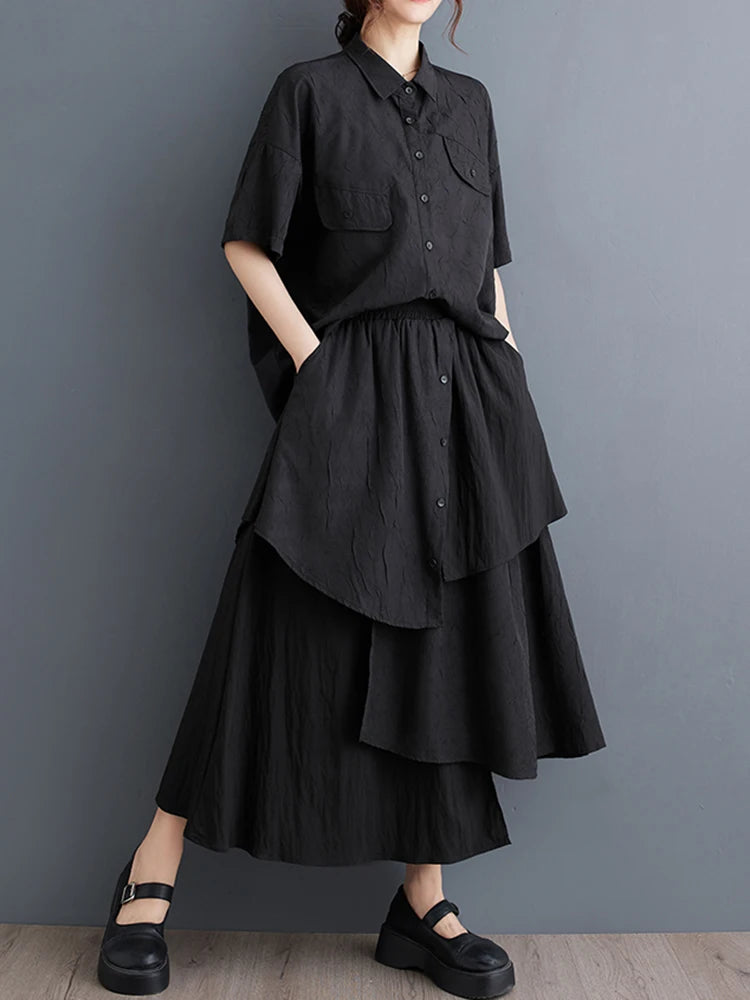 XITAO Irregular Pocket Button Single Breasted Matching Set Casual Loose Fitting Elastic Waist Turn-down Collar Women Set GYX1629