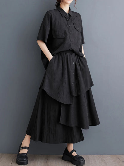 XITAO Irregular Pocket Button Single Breasted Matching Set Casual Loose Fitting Elastic Waist Turn-down Collar Women Set GYX1629