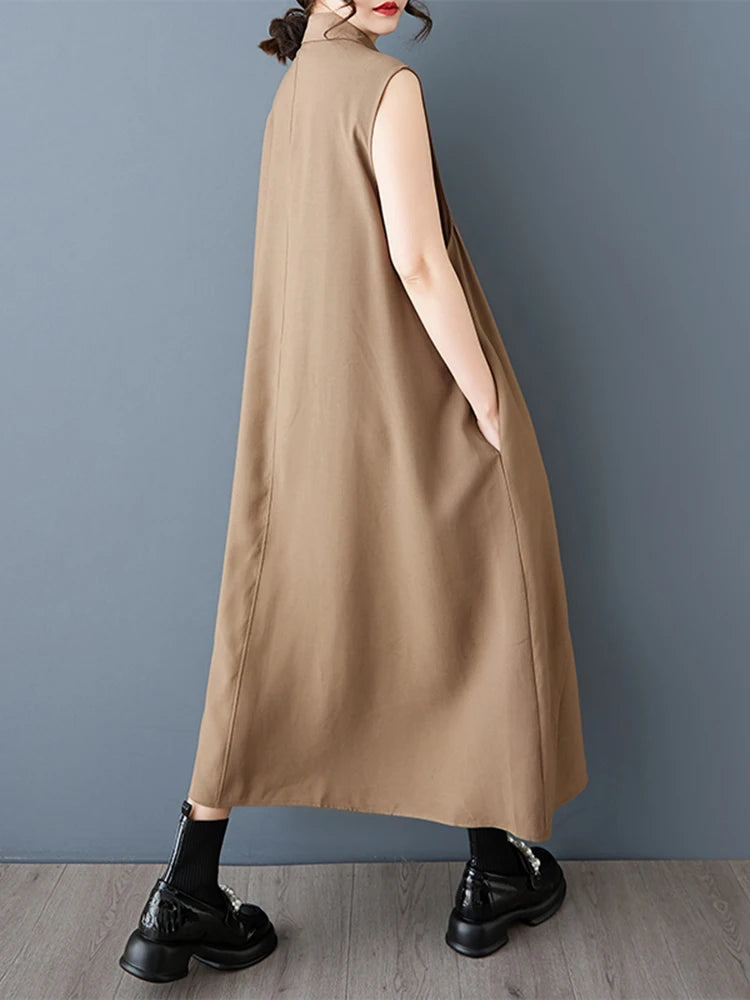XITAO Patchwork Single Breasted Lapel Dress Casual Solid Color Sleeveless Fashion Loose Fitting Sweet Spring Women Dress GYX1530