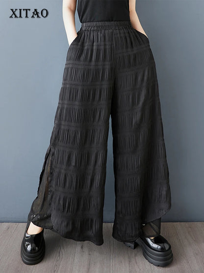 XITAO Women Elastic Waist Wide Leg Pant Casual Loose Fitting Pleated Solid Color Simple Comfortable Summer Female Pant GYX1636