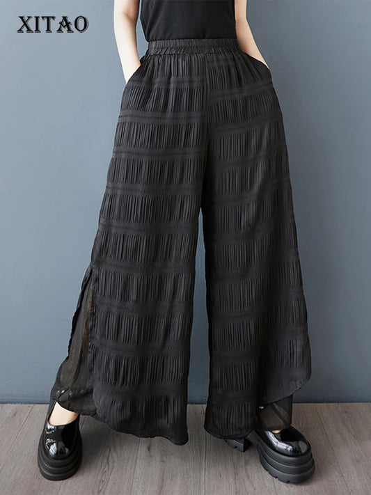 XITAO Women Elastic Waist Wide Leg Pant Casual Loose Fitting Pleated Solid Color Simple Comfortable Summer Female Pant GYX1636