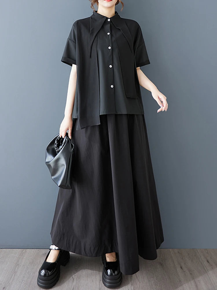 XITAO Irregular Single Breasted Shirt Casual Turn-down Collar Short Sleeve New Slimming Ribbon Summer Women Blouse ZMY1058