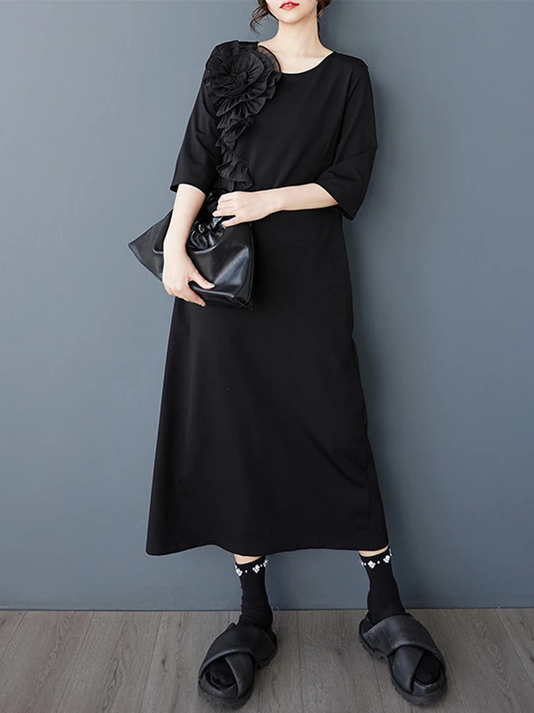 XITAO Flower Patchwork Loose Female Dress Vintage Solid Color Temperament Elegant Women Simple Irregular Casual Dress ZMY1064