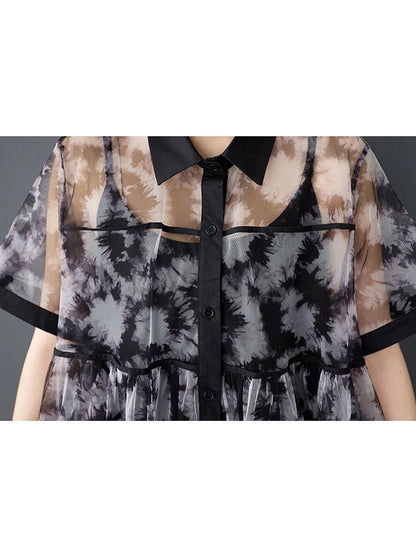 XITAO Print Patchwork Gauze Two Piece Dress Loose Short Sleeve Single Breasted New Temperament Summer Woman Dress ZMY1243