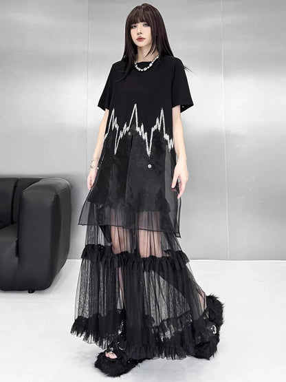 XITAO Patchwork Sequin Loose Dress Side Slit O-neck Short Sleeve Personality Perspective New Arrival Summer Woman Dress ZMY1324